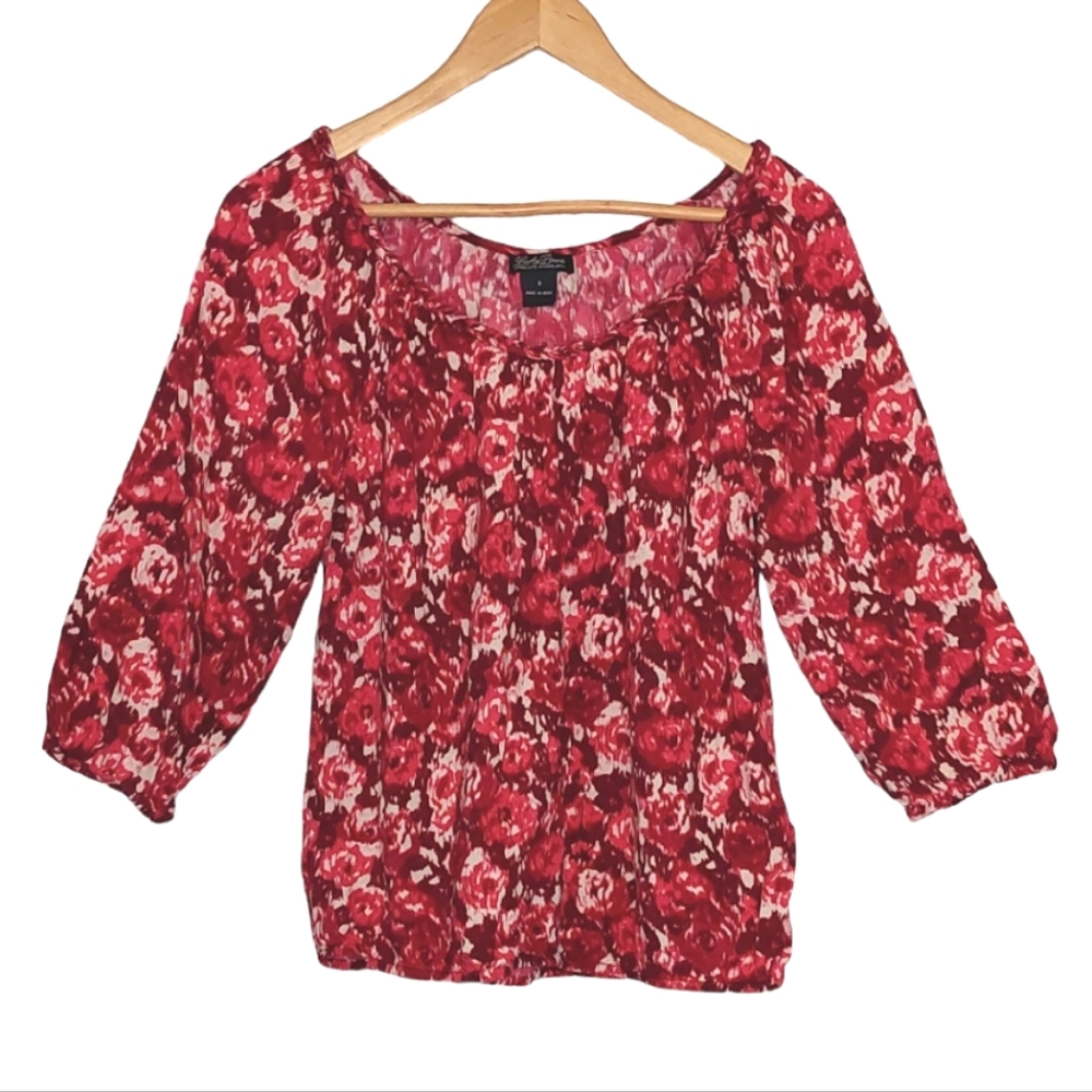 Lucky Brand Red and Pink Rose Peasant Top Size S